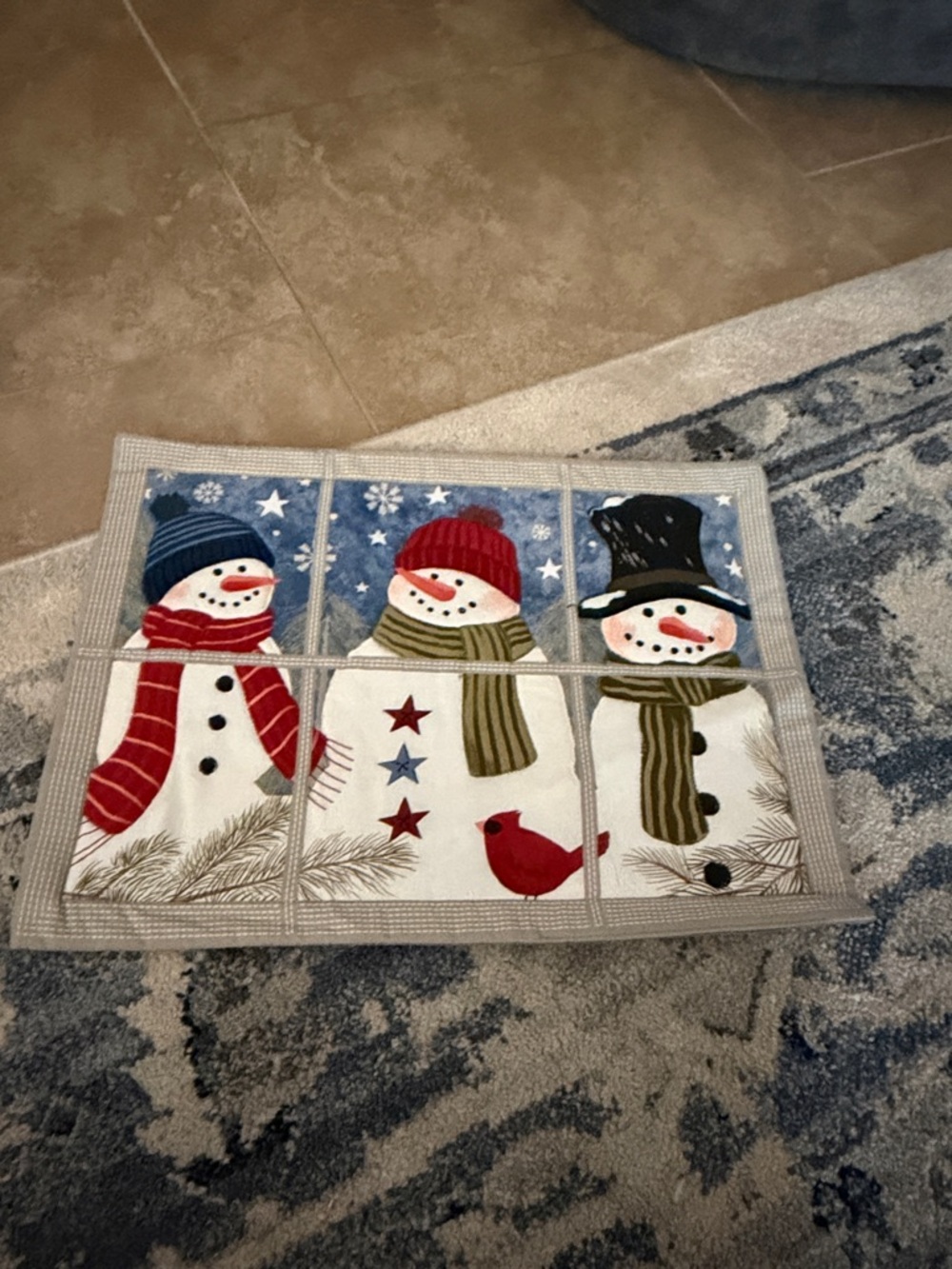 Set Of 4 Festive Snowmen Place Mats - Blue, Red, Green